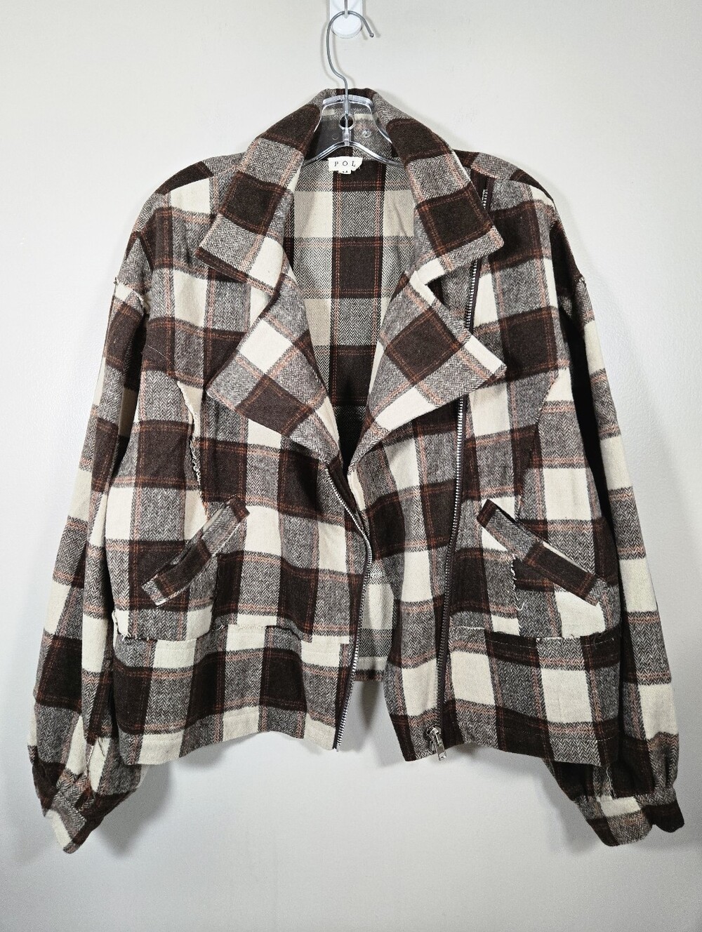 POL Brown & Cream Women's Oversized Plaid Moto Jacket, Size M ~ EUC